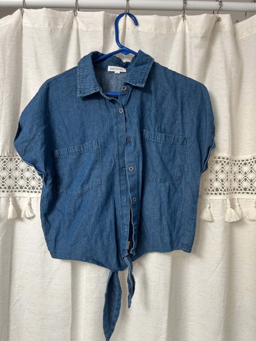 envy Blue Tie-Front Button-Down Denim Shirt